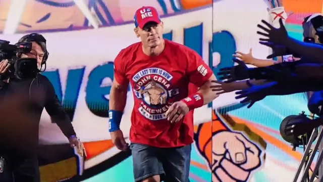 TORONTO, CANADA - JULY 6: John Cena makes his way to the ring during Money in the Bank at Scotiabank Arena on July 6, 2024 in Toronto, Ontario.  (Photo by WWE/Getty Images)